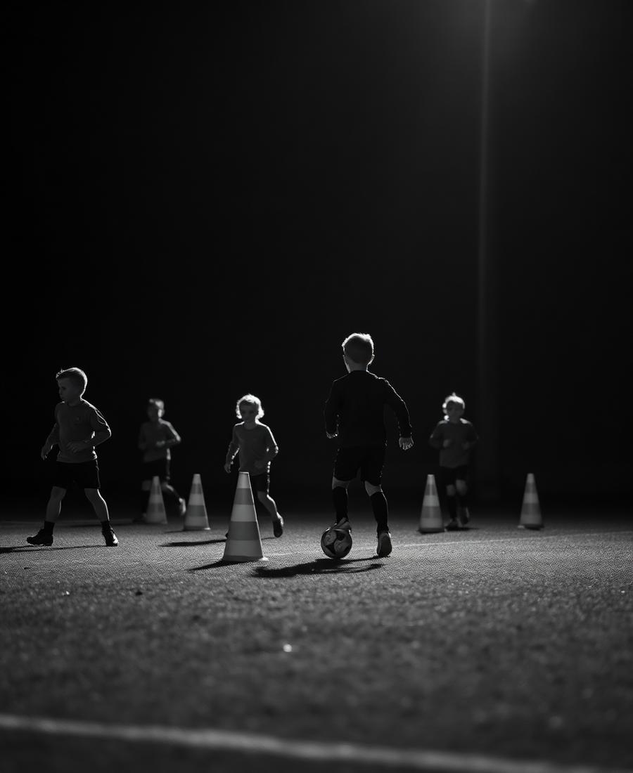 Niños entrenando fútbol con conos